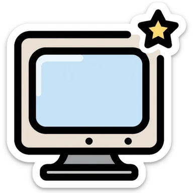 Minimalist CRT monitor with a simple 4-pointed star in the corner, very few details, clean lines sticker