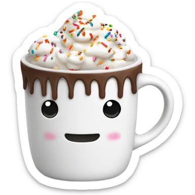 White mug, with hot chocolate with marshmallows and sprinkles and whipped cream sticker