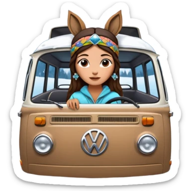 A parked VW bus painted white and black and filled with different 3d crystals and 3d crystals secured to roof surrounded by winter scenery with squirrels, birds, rabbits, wolves and a brunette hippie with headband is seated in the drivers seat sticker