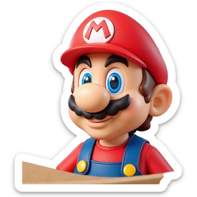a worker in factoryA 3D-rendered head of a character inspired by Super Mario, facing slightly from front-left to right. The head should include his signature red cap with an ‘M’, large round nose, thick mustach sticker