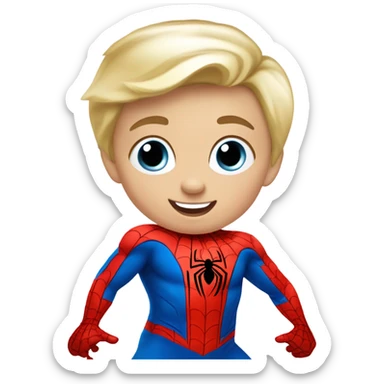 Blonde haired blue eyed toddler with short hair playing spiderman sticker