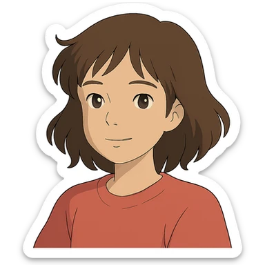 ghibli style portrait of an Asian girl with medium brown wavy hair and brown eyes sticker