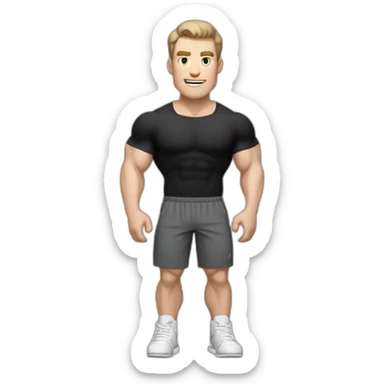 amazed Pale skinned Fit Man With the biceps and dark brown hair in black shirt, gray sports shorts and white Sneakers sticker