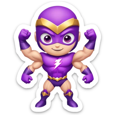 adorable purple insect superhero with big bulging muscles, electric lightning arms, huge cartoon eyes, and a confident smiling expression sticker