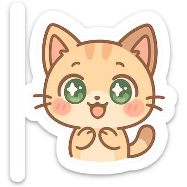 kawaii chibi-style cat emoji with pastel orange and brown cream fur, anime-style happy expression, sparkly green eyes, blushing cheeks, pastel color palette, soft rounded design, vector art sticker