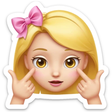 Cute yellow emoji face with big pleading shiny eyes, raised curved eyebrows, small shy smile, and both hands pointing index fingers toward each other. Add two small pink satin bows on top corners of the head. iOS-style, smooth digital look sticker