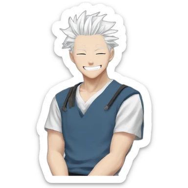 gojo satoru smiling from jujutsu kaisen with white hair, blue sky eyes, wear a black tshirt sticker