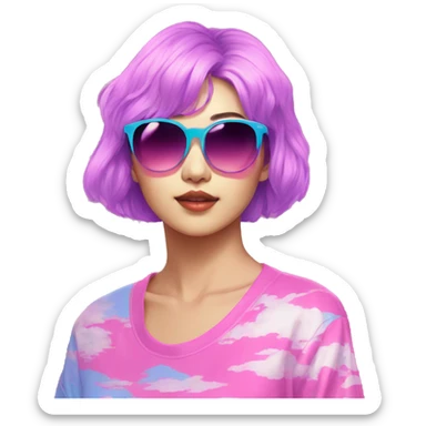 a short-haired Taiwanese lesbian with vaporwave style, sunglasses with vaporwave image on it. sticker