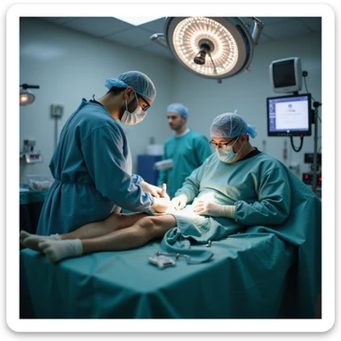 modern operating room: surgeon in gown and gloves performing knee surgery on a man, surgical monitor and instruments visible, sterile atmosphere, realistic details, 4K quality sticker