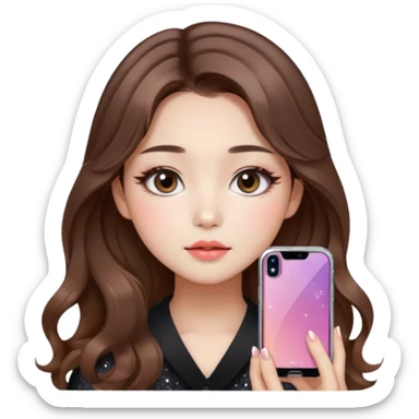 “korean straight brown hair Emoji girl, soft eyeliner and blush, gradient lips, light brown shimmer eyeshadow, sparkly aegyo-sal, long wavy hair,  sticker