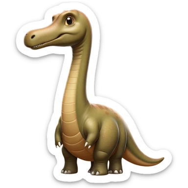 Cinematic Noble Brontosaurus Portrait Emoji, Poised and majestic, with a colossal, elongated neck stretching gracefully from a massive, sturdy body draped in warm, earthy tones, a gentle, wise face with soft, observant eyes, and a long, elegant tail, Simplified yet grandly defined features, highly detailed, glowing with a soft, ancient luminescence, high shine, intelligent and serene, stylized with an air of prehistoric grandeur, focused and calm, soft glowing outline, capturing the essence of a watchful and confident Brontosaurus that appears ready to loom out of the screen with effortless majesty! sticker