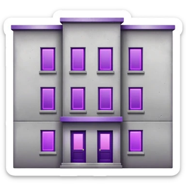 Small gray concrete apartment building with bright purple window glow, stark and simple sticker