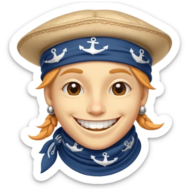 Clash of Clans aesthetic Playful Pirate Portrait Emoji, Head tilted with a roguish, cheeky grin and twinkling eyes, featuring a compact, spirited build with a jaunty hat and a quirky bandana, his natural skin tone evident, Simplified yet irresistibly charming features, highly detailed, glowing with a warm, inviting oceanic glow, high shine, spirited and lively, stylized with an air of whimsical maritime mischief, soft glowing outline, capturing the essence of a playful pirate exuding friendly rogue charm! sticker