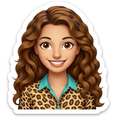 30 yr old italian woman, long brown wavy hair, big brown eyes, huge smile, leapord shirt, no bangs,  sticker