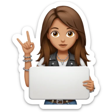 A rocker chick with long brown hair holding a large blank sign sticker