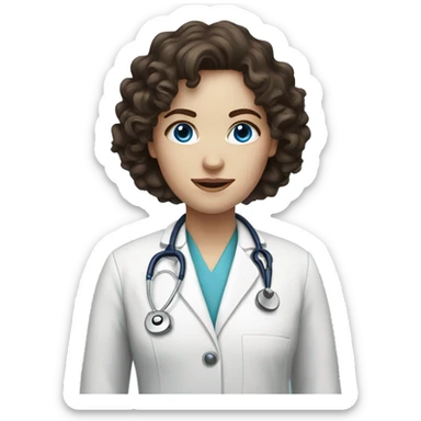 Female, blue eyes, pale skin, dark brown long curly hair Doctor sticker