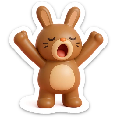 brown bunny stretching arms while yawning, vinyl figure style sticker