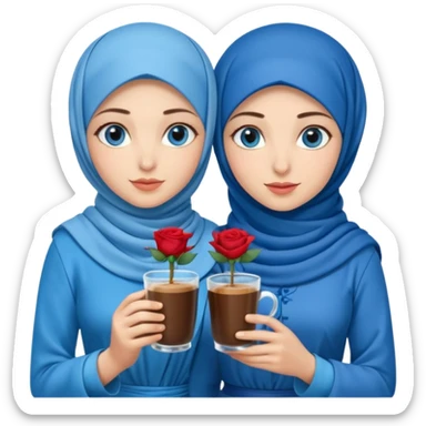 Turkish beautiful finish Konya two girls blue eyes with blue hijab islamic dress and had on her hand Rose Cold turkish coffee   sticker