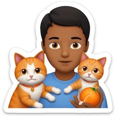 Brown guy with black hair playing with orange cat sticker