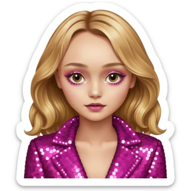 Lily-Rose Depp with long golden blonde hair, dark pink sequin outfit, makeup sticker