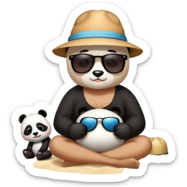 Person with Panda a panda seating at the beach sticker