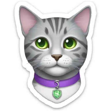Grey tabby cat with a lilac collar and green eyes sticker