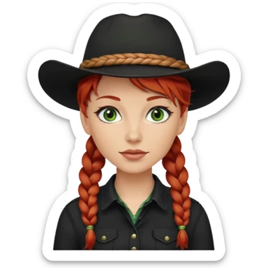 cowgirl with red hair green eyes black hat braided hair sticker