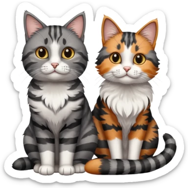A grey tabby cat with dark grey stripes sitting next to a calico cat  sticker