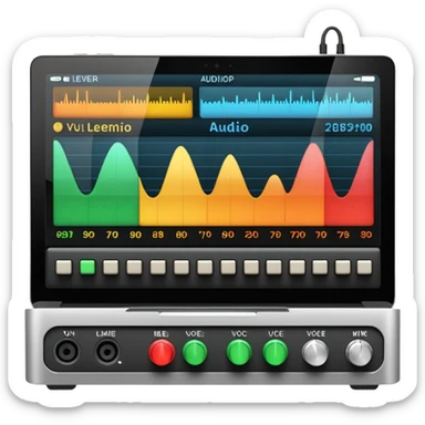 Close-up shot of a laptop screen clearly visible, showing a professional audio mixing interface focused on voice editing: audio level meters (VU meters) moving, voice waveform, volume faders, EQ panel, compressor, limiter, noise reduction, de-esser, gain controls sticker