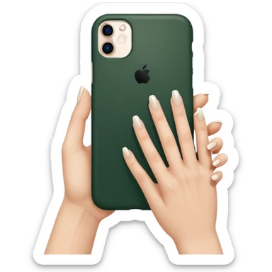 female hand with nude manicure (5 fingers) holding a white iPhone in a dark green case, minimalism, top view sticker