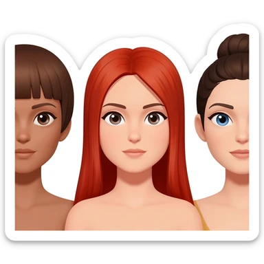 Trois femme (troupeppurquoi celle de droite est noire ? Blanche aux yeux bleus stp) une brune cheveux au carré, une rousse cheveux longs et raides, une châtain avec un chignon sticker