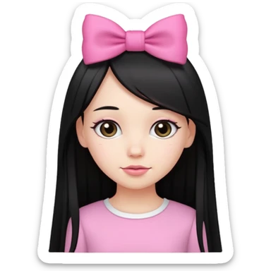 white girl, cute, black long straight hair, pink bow on top sticker