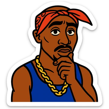 Tupac with one hand on chin, stylized cartoon, bandana, gold chain, thoughtful pose sticker