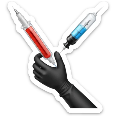 mano con guante medico de color negro sosteniendo una jeringa sticker