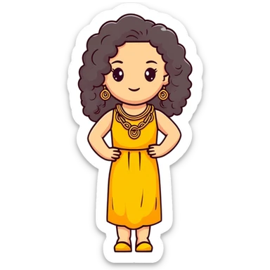 pretty Greek girl with big puffy long curly hair, gold statement earrings and necklace, cute modern dress sticker
