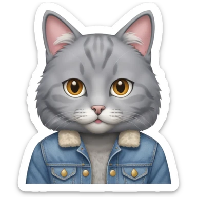 Gray cat with calm eyes, half body, jean jacket sticker