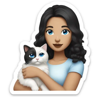 Brunette woman with olive skin and middle parted black hair holding a white fluffy cat with blue eyes  sticker