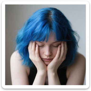 Woman with blue hair with her head in her hands sticker