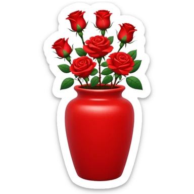 Scarlet red ceramic pot, tall and cylindrical, with red roses. sticker