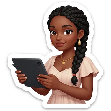 Emoji représentant une femme à la peau marron avec de longues braids noires et portant une belle tenue, regardant la tablette graphique dans ses mains sticker