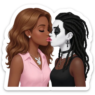 (Bimbo, pearl earrings stud, Light pink cute lips, long middle part with long honey brown hair, dark brown skin, playboy necklace with lashes, light pink sleeveless shirt, kissing the goth black girl with brown skin, cross earrings, ankh necklace with black dreadlocks with white paint on face sticker