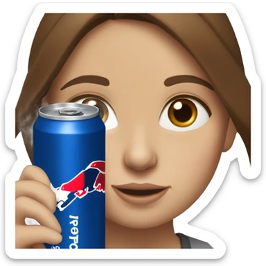 Brown haired girl with blue eyes, drinking a redbull sticker