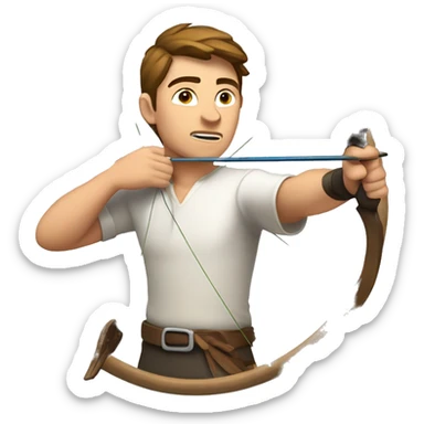 a male archer aiming with a bow looking at his target, wearing a white shirt, brown hair, bright skin, sticker