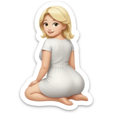 curvy blonde woman, back view, sitting on her soles, smiling, SFW, no explicit content sticker