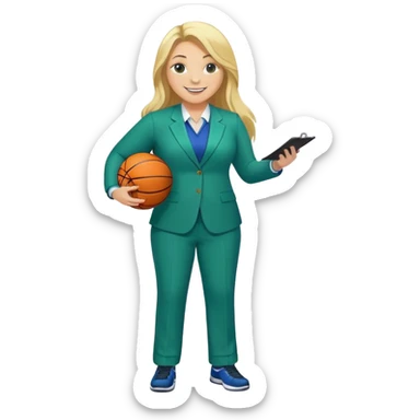 Full Body white plus size female basketball head coach using a clipboard with long blonde hair in a blue and green suit smiling with basketball and clipboard sticker
