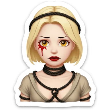 woman bound with rope around her chest, tortured face, emoji style sticker
