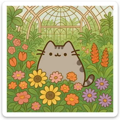 pusheen cat surrounded by flowers in a botanical garden greenhouse sticker