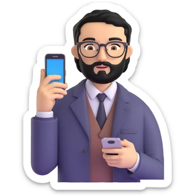 full body standing pose of same professional man with medium black beard, neat black hair, connected unibrow, olive tan skin, brown eyes, glasses, prominent nose, dressed in formal black jacket, with mobile phone sticker
