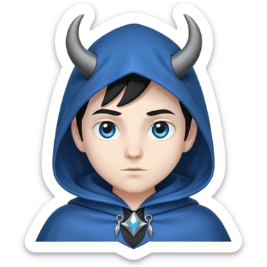 character with blue cloak, black body, white eyes, small horns under the hood sticker