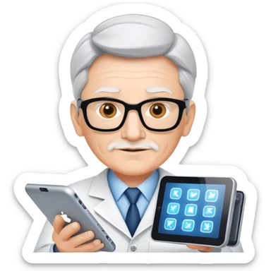 Senior IT Specialist with multiple high-tech devices, confident expression, showing leadership, advanced technical expertise sticker